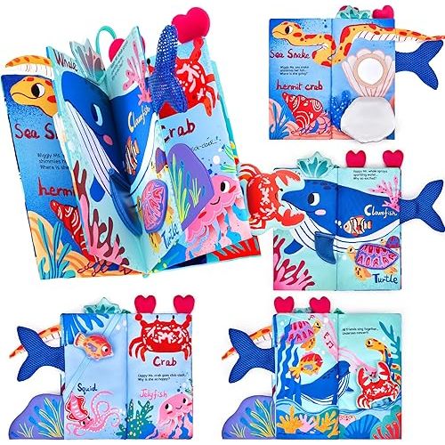 JoyCat Baby Books 0-6-12 Months - Ocean Tummy Time Toys Mirror - Montessori Sensory Activity Cloth Book with 3D Crab & Fish - Newborn Easter Basket Stuffers
