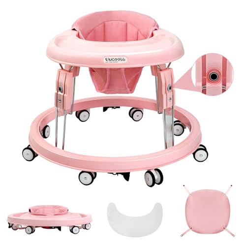 Uuoeebb Baby Walker with Wheels, One-Touch Folding Baby Walkers, 7-Speed Height Adjustment with Large Dinner Plate, Anti-Roll 8-Wheel with Brake for 6-18 Months Baby, Full Pink