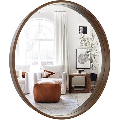 WallBeyond Wood Round Mirror with Wood Frame 24 inch Circle Wall Mirror for Bathroom Round Wall Mirror for Wall Decor, Vanity, Entryway Living Room (Walnut)