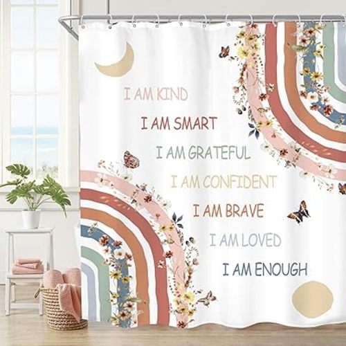 Imirell Kids Boho Rainbow Floral Inspirational Quotes Shower Curtain 60Wx72H Inches Abstract Motivational Positive Teen Girls Women Pink Moon Sun Fabric Waterproof Polyester with 12 Pack Hooks Plastic