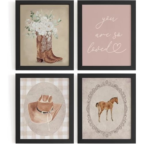 WXHUM Boho Pink Western Cowgirl Room Decor Wall Art Prints Set of 4, You Are So Loved Floral Cowboy Hat Boots Horse Posters Wall Decor for Girls Room Nursery Bedroom, 8x10 inch Unframed