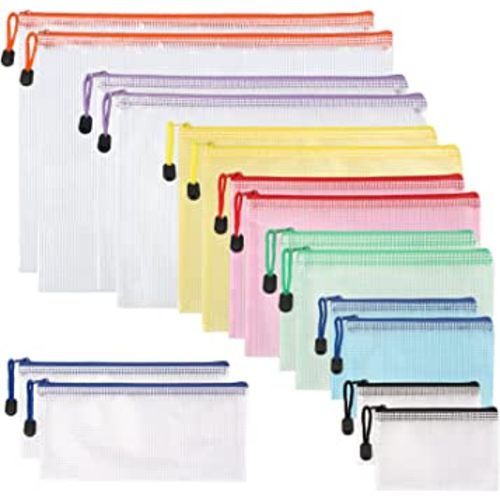 JPSOR 16pcs 8 Size Mesh Zipper Pouch for Organization, Waterproof Zipper Pouches Colored PVC Travel Zipper Bags Clear Multipurpose Document Bags for School Office Home Cosmetics Storage Toys Puzzle