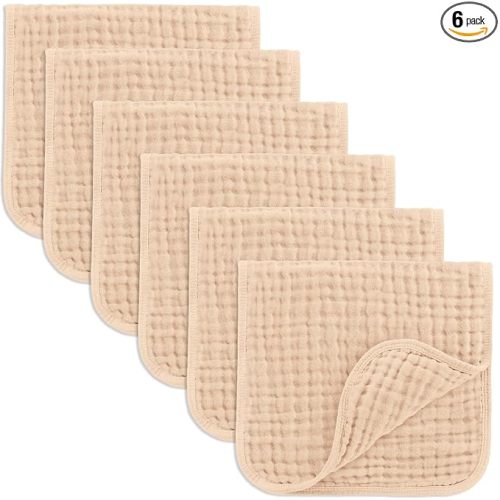 Comfy Cubs Muslin Burp Cloths 20" x 10", Pack of 6 - Large, 6-Layer, Ultra Absorbent 100% Cotton for Baby Drool and Messes - Soft, Safe & Gentle Baby Burp Cloths Set for Boys & Girls - Cream