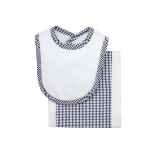 Small Check Drooler Bib & Burp Set, Navy