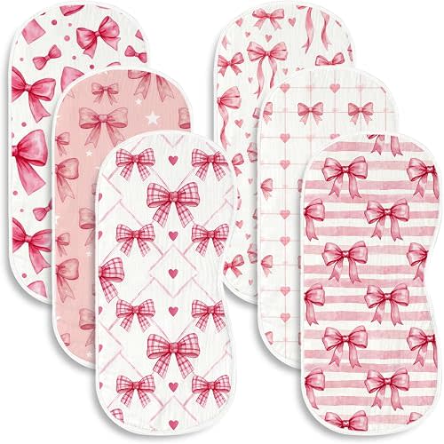 6 Pack Pink Bow Baby Burp Cloths, 20x10 Contoured Burp Rags with Coquette Ribbon & Heart Print, Ultra Absorbent Soft Shoulder Pads Newborn Registry Gift for Girls