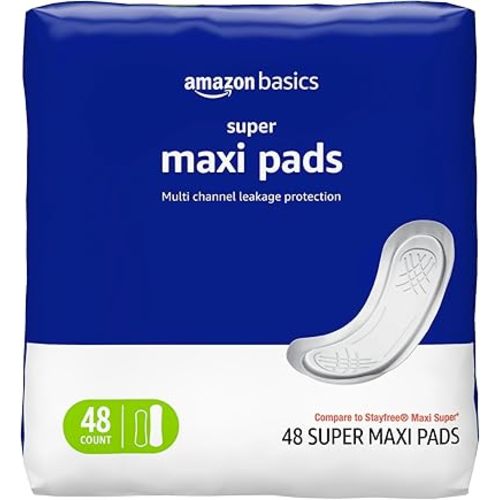 Amazon Basics Maxi Pads For Periods- Thick, Super Absorbency, Unscented, 48 Count, 1 Pack