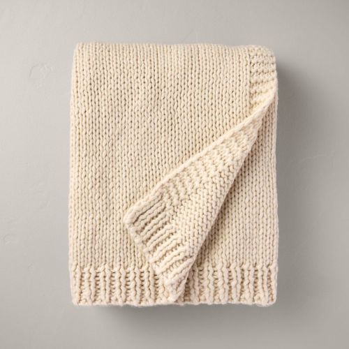 Chunky Knit Bordered Throw Blanket Cream - Hearth & Hand™ with Magnolia: Heavyweight Farmhouse Style, 50x60in