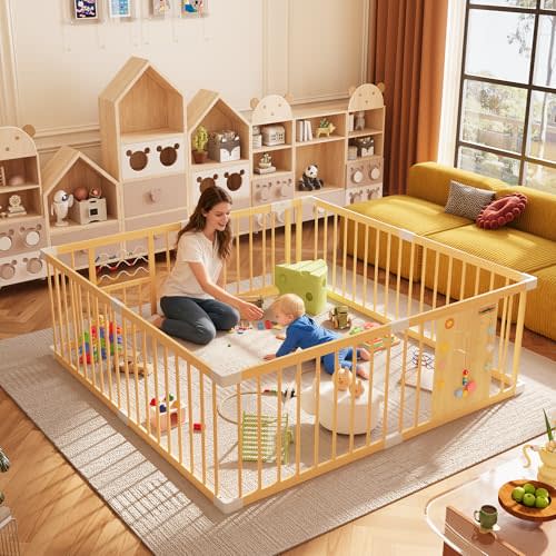 Xilingol Wooden Baby Playpen with Locking Gate, Extra Large Playpen for Babies and Toddlers, Size Adjustable Activity Center for Children, Indoor Wooden Play Pen, Play Fence 63” × 63”× 24”