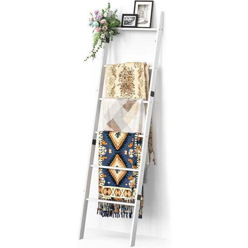 BAMBANG 6-Tier Blanket Ladder for Living Room, Blanket Quilt Ladder Rack Rustic Decorative Towel Holder, Wall Leaning Blanket Ladder Shelf Storage Farmhouse Decor for Bedroom Bathroom, White