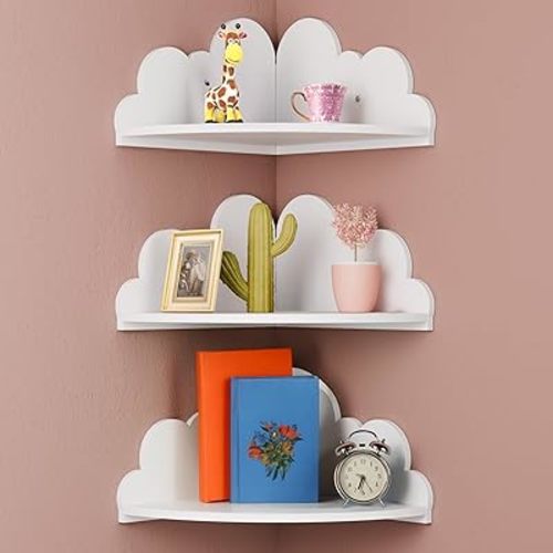 Solid Wood Cloud Floating Corner Shelves for Nursery, Set of 3 Cloud Shaped Wall Shelf, Cute Corner Shelves Wall Mounted White, Small Display Shelf Nursery Decor for Bedroom, Living Room, Bathroom