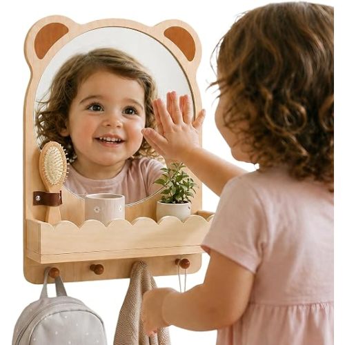STEPLAY Montessori Mirror with Hooks and Shelf, Toddler Self-Care Station with Sensory Mirror, Nursery Wooden/Acrylic Child Safe Wall Mirror for Kids Playroom, Bathroom, Bedroom, Living Room, Entryway
