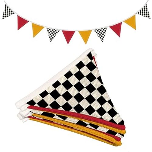 Boys Room Checkered Flag Banner 5.5Ft, Cars Room Decor for Toddler Nursery Playroom, Black and White Checkered Garland Triangle Banners for Baby Shower Birthday Party - Red & Yellow