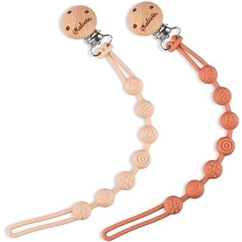 Pack of 2 One-Piece Design Silicone Pacifier Clip Holder, Soft Silicone Teether Pacifier Strap with Clip Baby Teether Toys (Muted/Clay)