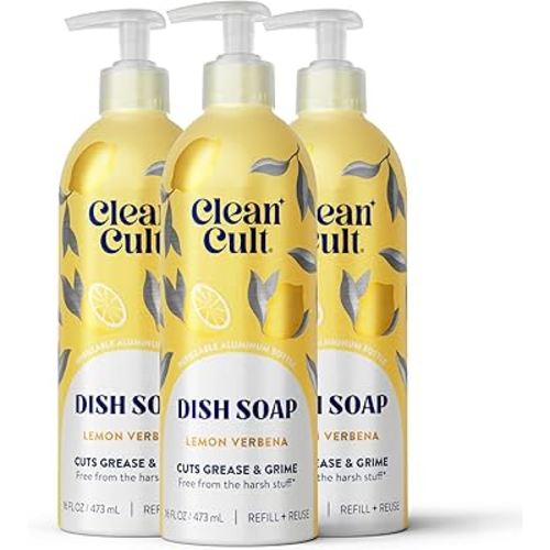 Cleancult - Lemon Verbena - Liquid Dish Soap - Refillable Aluminum Bottle - Dish Soap that Cuts Grease & Grime - 16 oz - 3 Pack