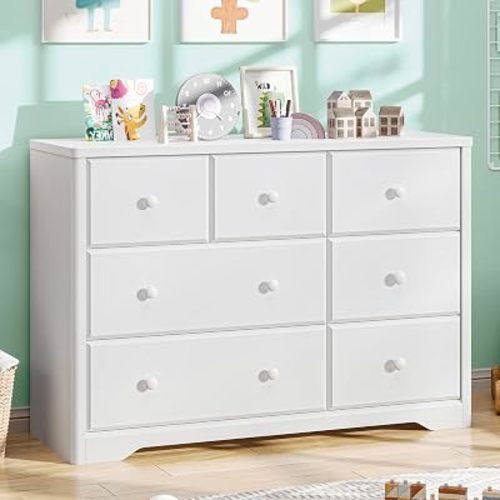Vabches 7 Drawers Dresser Cabinet, Kids & Nursery Storage Chest, Multi-Functional Wood Large Chest of Drawers, White Dresser for Bedroom Furniture, Baby Dresser for Children's Room
