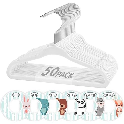 VIS'V Baby Hangers, 11 Inch Velvet Kids Hangers with 6 Pcs Clothes Size Dividers, Infant Toddler Nursery Closet Organization, Non Slip, White, 50 Pcs