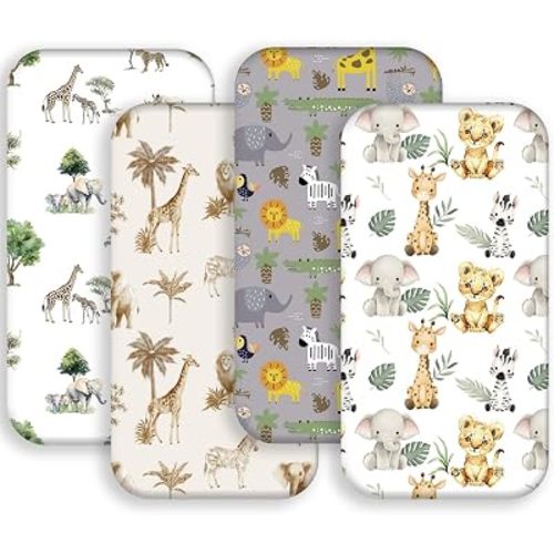 4 Pack Safari Jungle Animals Neutral Unisex Fitted Nursery Baby Sheets Set Toddler Mattress Sheets for Baby Boys or Girls (Bassinet)