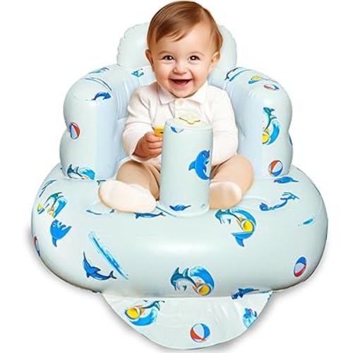 WEMORA Inflatable Baby Seat for Babies 3-36 Months Blow Up Chair for Babies Infants Toddler Floor Sitting Up with Built in Air Pump (White, Dolphin)