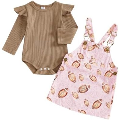 Karuedoo Toddler Baby Girl Football Outfit Frill Long Sleeve Ribbed Knit Romper Rugby Overall Dress Outfit Set Fall Clothes