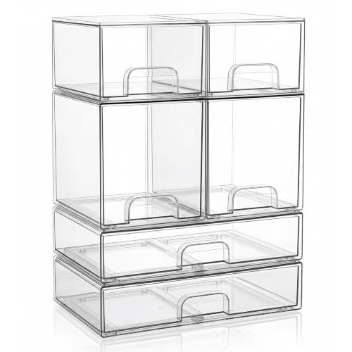 Clear Stackable Storage Drawers: Acrylic Organizer Bins 6 Pack | for Baby Bottle makeup Ideal for Countertop, Vanity, Station, Bathroom, Kichen Cabinet Pantry Organization
