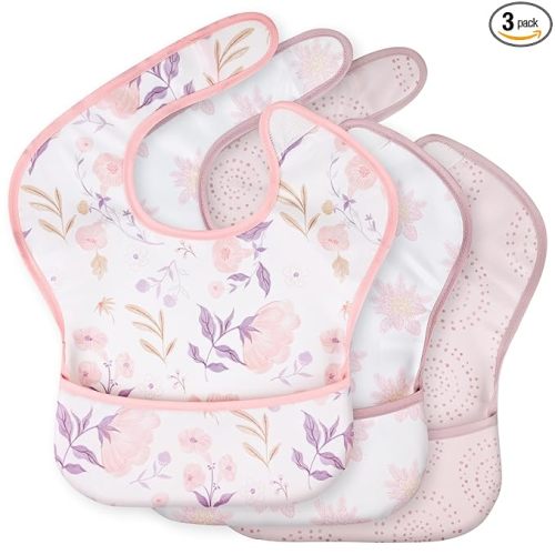 3-Pack Waterproof Baby Bibs for Eating - Mess Proof Lightweight Toddler Feeding Bibs with Large Food Catcher, Food-Grade Baby Eating Essentials, Easy to Put On & Clean(Light Pink Blossom)