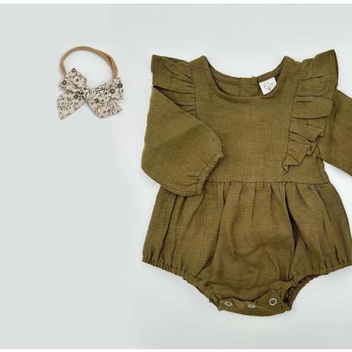 Gabriella Longsleeve Romper with Bow – Olive and Cradle