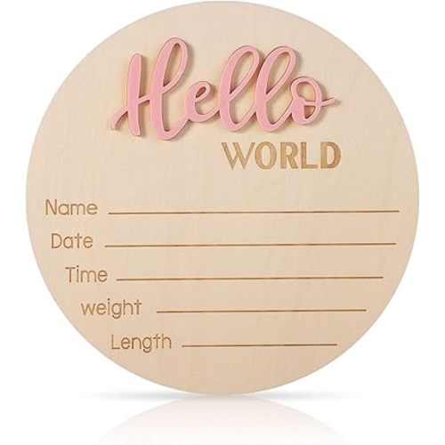 Baby Announcement Sign, 5.9in Wooden Hello World Newborn Signs Birth Announcement Sign Welcome Name Plaques for Newborn Boys and Girls Photo Props Baby Shower Hospital Nursery (Light Pink)