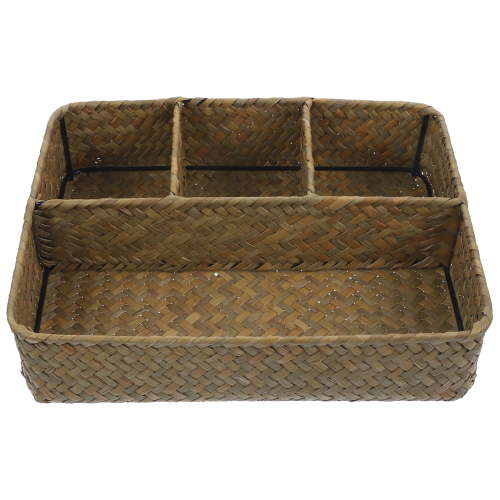 Tea Organizer for Bags Storage Basket Rattan Divided Cabinet Shelf Offic Tray Cattail Grass