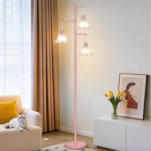 TOBUSA Pink Flower Floor Lamp for Living Room, 3-Light Vintage Standing Lamp with 3 E26 Bulbs, 68’’ Tall Corner Floor Lamp with Floral Lampshades, Modern Boho Floor Light for Bedroom Office Girls