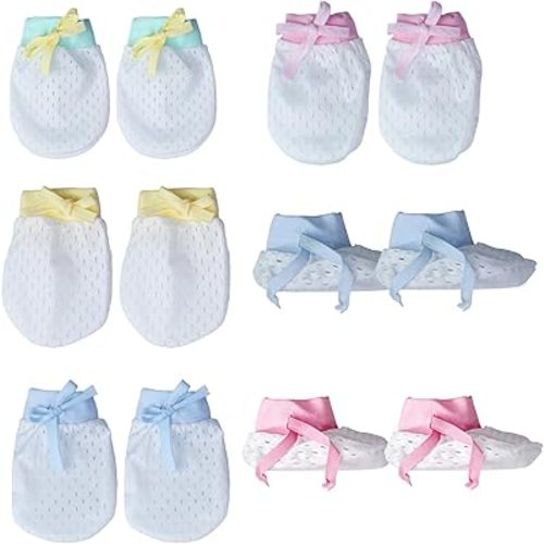6 Pairs Newborn Baby Muslin Mittens and Anti-Scratch Foot Covers for Infant 0-12 Months(4 Pairs Baby Hand Mittens & 2 Pairs Foot Covers), No Scratch & Breathable