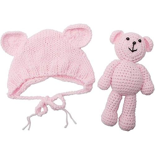 Newborn Baby Photo Shoot Props Boys Girls Crochet Knitted Hat Bear Hat Beanie with Bear Dolls Photography Props