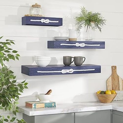 Deco 79 Wood Knot 3 Shelves Wall Shelf with Knotted Rope, Set of 3 32", 24", 16"W, Blue