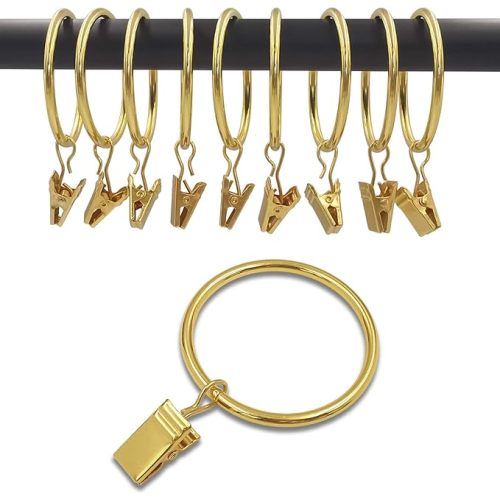 40 Pack Gold Curtain Rings with Clips, Curtain Hooks Hangers Clip Rings for Hanging Drapes Bows Hat, Drapery Rings 1.26 in I D, Fits up to 1 in Diameter Curtain Rod.