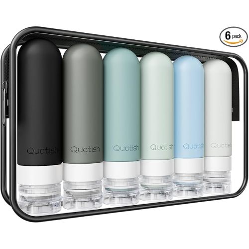 Quatish Travel Bottles for Toiletries 6 Pack, Original Patented Leakproof 3 oz Tsa Approved Travel Size Containers, BPA Free Silicone Shampoo and Conditioner Bottles, Cruise Camping Essentials, Black
