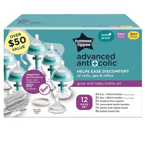 Tommee Tippee Advanced Anti-Colic Grow with Baby Bottle Set, 0m+, 5oz & 9oz Self-Sterilizing Bottles, Slow & Medium-Flow Breast-Like Nipples, Bottle Handles