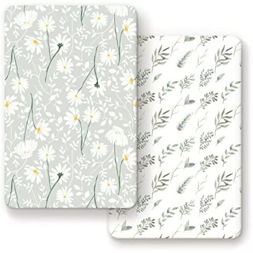 Stretchy Ultra Soft Jersey Knit Fitted Pack n Play Sheets Set 2 Pack, Portable/Mini Cribs Sheets for Girls, Watercolor Daisy Flowers