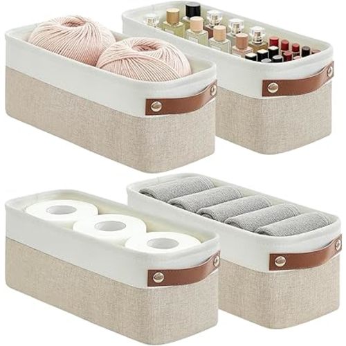 Bagnizer Small Fabric Storage Baskets, 15x6x5 inch Narrow Storage Bins 4-Pack Long Storage Basket for Organizing with Handles, Decorative Basket for Closets, Shelves, Toilet Paper, Beige