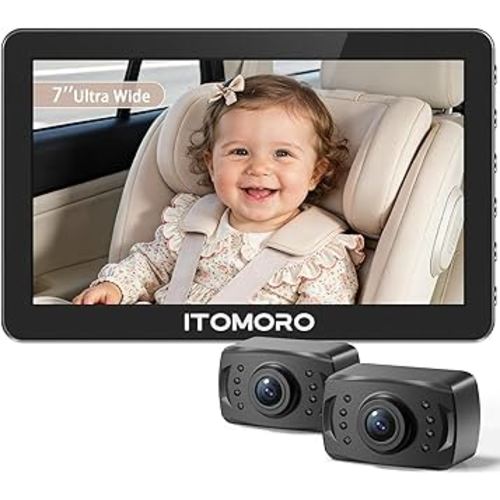 Itomoro Rear Facing Mirrors, 2 Kids Baby Car Camera, 7'' Ultra Wide 1080P HD Display with 2 IR Night Vision Cameras, 150° Wide Angle, 360° Rotatable, Easy Install