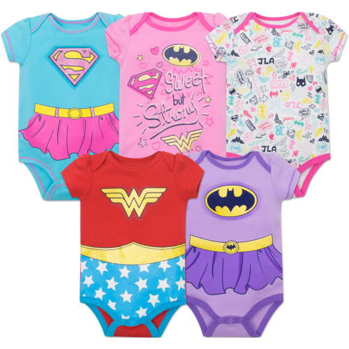 Warner Bros. Justice League Baby Girls' 5 Pack Onesies - Wonder Woman Batgirl and Supergirl (0-3M)