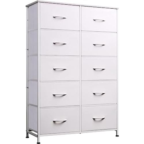 WLIVE 10-Drawer Dresser, Fabric Storage Tower for Bedroom, Hallway, Nursery, Closets, Tall Chest Organizer Unit with Textured Print Fabric Bins, Steel Frame, Wood Top, Easy Pull Handle,White
