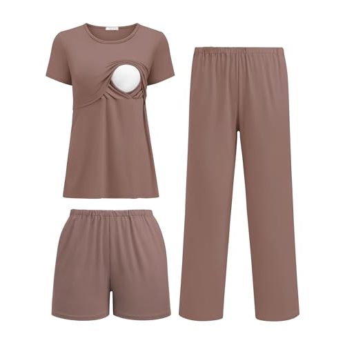 Ekouaer 3 Piece Postpartum Nursing Pajamas Set Short Sleeve Breastfeeding Shirts Pregnancy Shorts & Pants Maternity Pjs