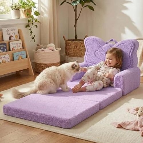 TinyPalsa Kids Couch, 2-in-1 Fold Out Comfy Chair, Large, Purple Butterfly