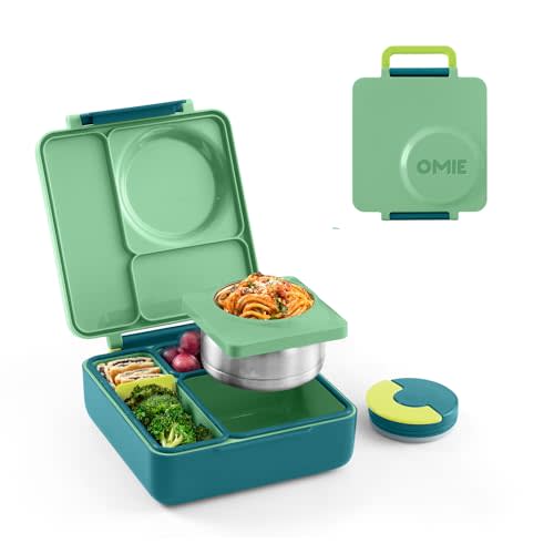 OmieBox Bento Box for Kids - Insulated Bento Lunch Box with Leak Proof Thermos Food Jar - 3 Compartments, Two Temperature Zones - (Meadow)