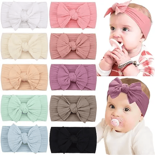 CÉLLOT 10 Colors Super Stretchy Soft Knot Baby Girl Headbands with Hair Bows Nylon Head Wrap For Newborn Baby Girls Infants Toddlers Kids
