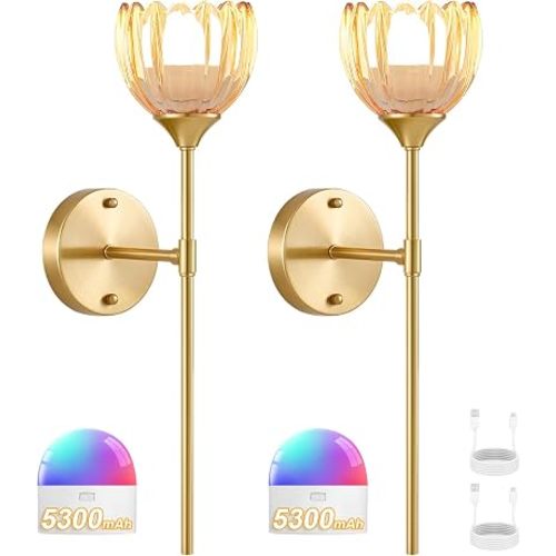 Vintage Battery Operated Wall Sconce Set of 2, Amber Tulip Glass Lampshade Wireless 5300 mAh Rechargeable Battery Powered LED Wall Light with Remote Dimmable for Bedroom Bathroom Living Room
