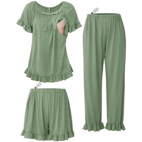 SUNNYBUY 3Pcs Ruffle Trim Postpartum Nursing Pajamas Set with Bowknot, Maternity Breastfeeding PJS Pregnancy Sleepwear