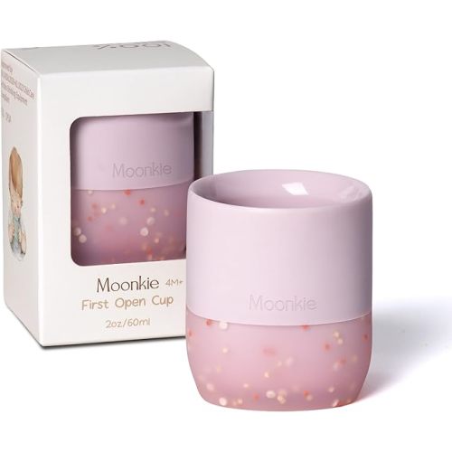 Moonkie Silicone Baby Cup 4 Months+ | Tiny Open Training Cup for Infants with Confetti Sprinkles | Baby-Led Weaning Essential | 2 oz (Soft Lilac, 1 Pack)