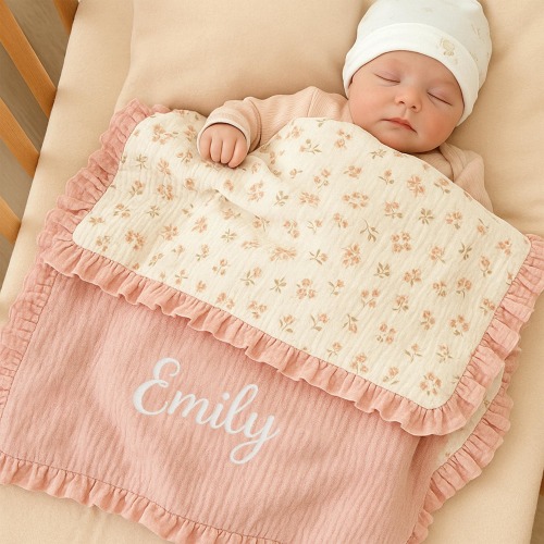 Personalized Baby Blanket with Name | Cotton Muslin Ruffle Edge Swaddle | Newborn Girl Gift | Floral Baby Bedding | Soft Infant Crib Blanket