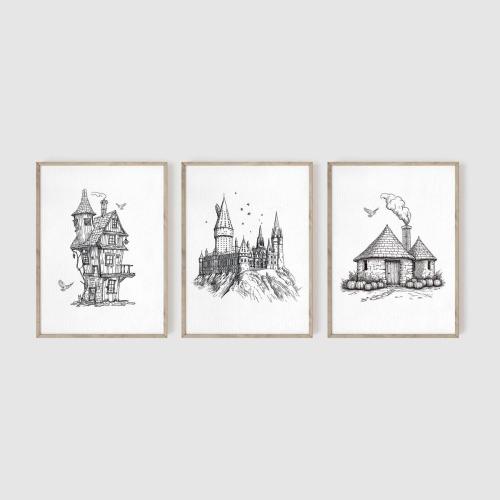 Wizard Wall Art, Set of 3, Gallery Wall Set, Wizard School, Magic Wall Prints, Wizard Neutral Nursery, Castle Wall Art, Fan Decor, Whimsical