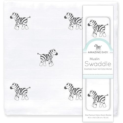 Amazing Baby - Sensory Muslin Swaddle Blanket, Premium Cotton, XLarge 46x46 inches, Zebra, Black and White for Baby Visual Development